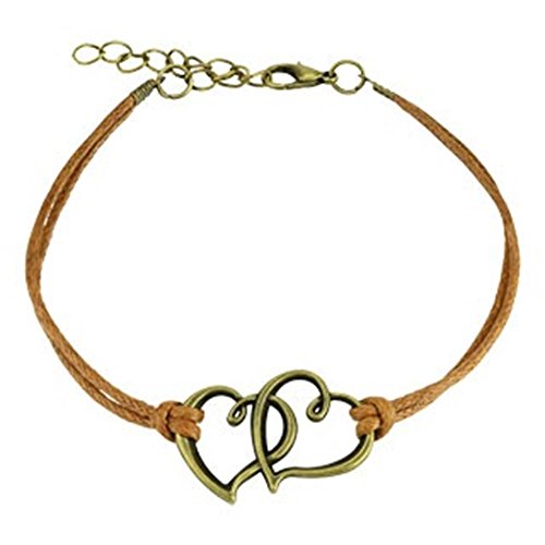 beyoutifulthings - Pulsera enroscable con corazones de 250 mm de longitud y 2,56 mm de ancho ajustable, cierre de mosquetón, piel auténtica, cuerda de acero inoxidable, unisex, color marrón