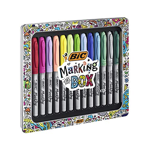 BIC Marking Box marcadores permanentes de punta cónica Media - Varios colores, Caja Metálica de Regalo con 15 Uds.