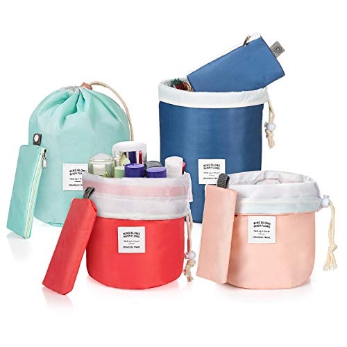 Bolsas de Cosméticos Cilíndricas, XiYee 4 Piezas Neceser Cosmético Cosmetic, Bolsa de Maquillaje Viaje, Neceser Maquillaje Impermeable con Cordón, Cosmética Bolsa de Lavad para Mujer Niña（A