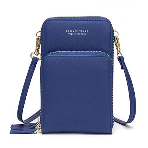 Bolso de teléfono móvil para Mujer Monedero de Cartera Cruzada Mini Bolso de teléfono Celular Cruzado de Cuero Ligero con Ranuras para Tarjeta de Correa(Azul)