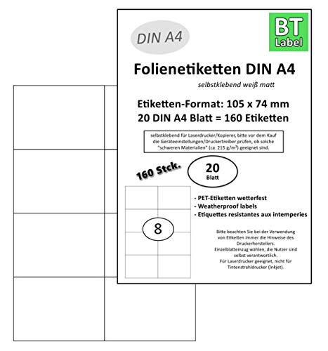 BT-Label 160 etiquetas de poliéster láser (formato 105 x 74 mm) en 20 hojas DIN A4, resistentes a la intemperie, color blanco (8 hojas por A4), autoadhesivas, imprimibles con impresora láser