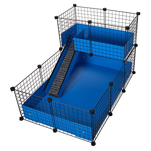 CagesCubes - Jaula CyC Deluxe (Base 2X3 + Loft 2x1 - Panel Negro) + Base de Coroplast en Azul para cobayas