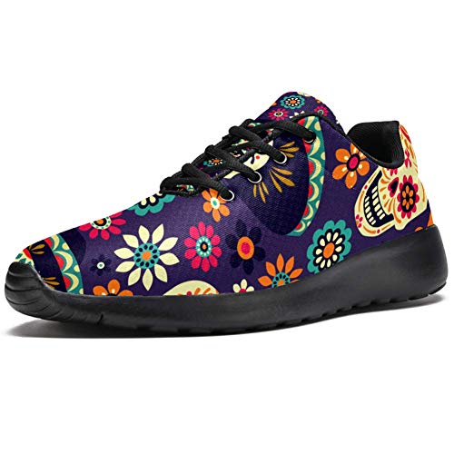 Calaveras y flores sobre fondo oscuro para hombre, zapatos de lona ligeros, cómodos, informales, para caminar, color, talla 42.5 EU