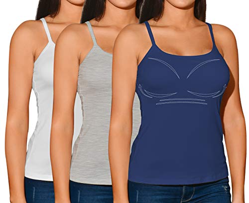 Carcos 3-Pack Camiseta con Sujetador, Mujer Camisola de Tirantes de Espagueti Ajustables Yoga Cami sin Mangas