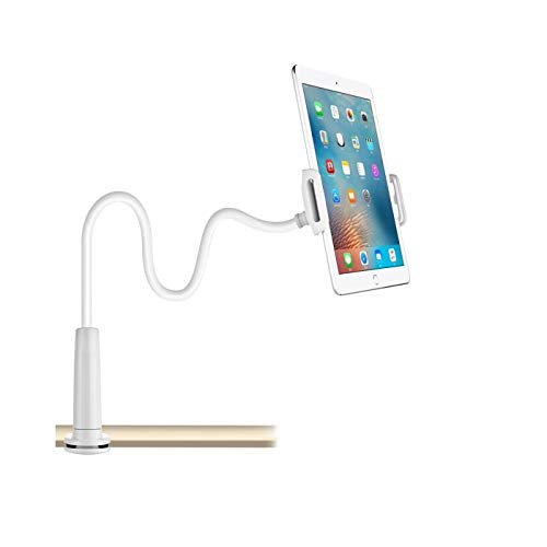 CHANG - Soporte de cuello de cisne para tablet o teléfono, ajustable y desmontable, con soporte para dispositivos Apple o Android de 4 a 10,6 pulgadas, longitud total de 80 cm, color blanco