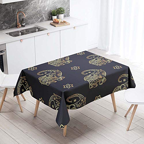 Chickwin Mantel para Mesa Impermeable Antimanchas, Cocina Salón Comedor Decoración con Estilo Indio Elefante Rectangular Lavable Mantel de Tela de poliéster (Dorado,100 * 140cm)