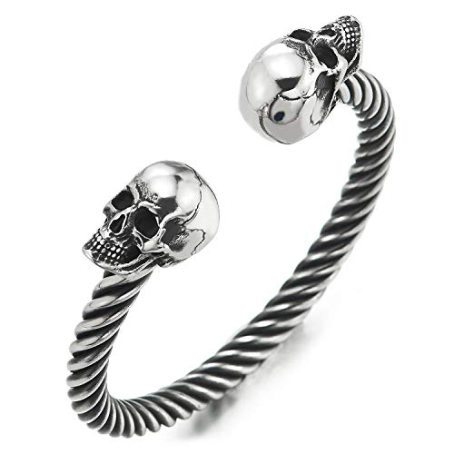 COOLSTEELANDBEYOND Cráneo Calavera Brazalete de Hombre Mujer, Cable de Acero Inoxidable, Elástica Ajustable