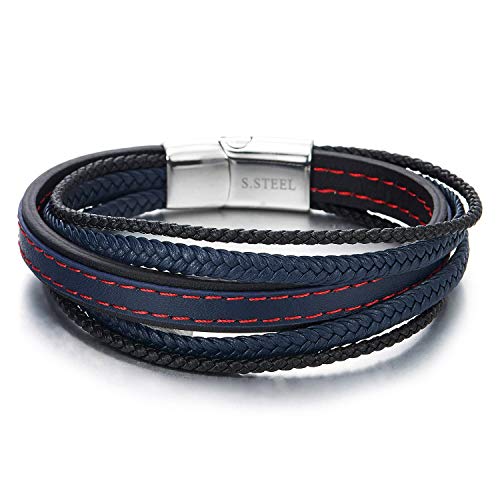 COOLSTEELANDBEYOND Hombre Mujer Multi-Hilo Azul Marino Negro Rojo Puntadas Cuero Trenzado Tejido Pulsera del Abrigo con Acero Inoxidable