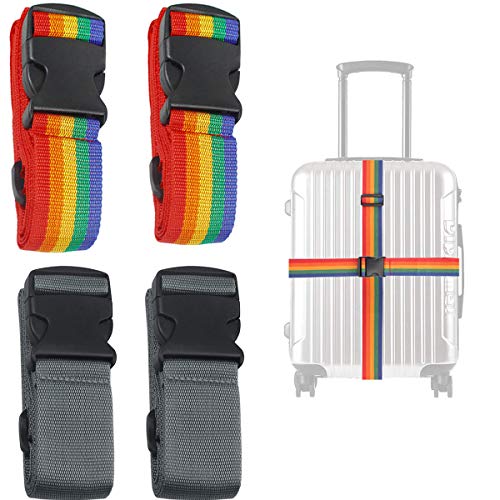 Correas de Equipaje,Correas de Maleta Ajustables,Cinturón de Seguridad para Maletas con Cierre de Hebilla,Maletas Cajas de Embalaje Accesorios de Viaje 5 cm x 2 m (4 Paquetes,Arco Iris,Negro)