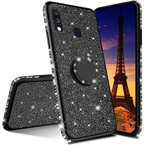 COTDINFOR Samsung Galaxy A40 Funda para Regalo Niña Mujer Glitter Diamond Bling Protectora Silikon Plating TPU Case con Kickstand Carcasa para Samsung Galaxy A40 -Black Glitter.