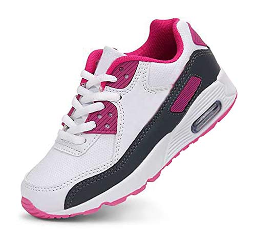 Daclay Zapatos niños Niñas Deportivo Transpirable Malla con Parte Superior de Cuero cómoda Suave Cordones Zapatillas Sneakers (34 EU,Blanco/Rosa)