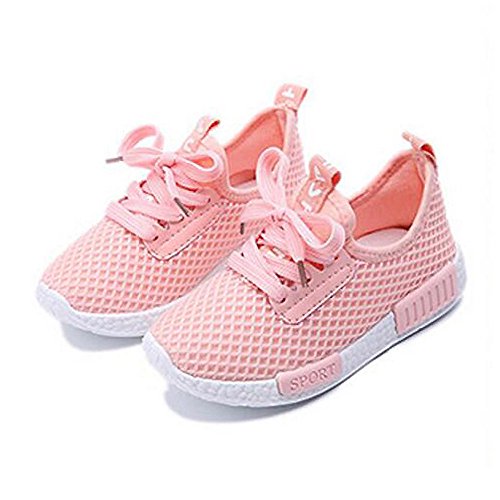 Daclay Zapatos niños Niñas Deportivo Transpirable Malla con Parte Superior de Cuero cómoda Suave Cordones Zapatillas Sneakers (34 EU,Rosa)