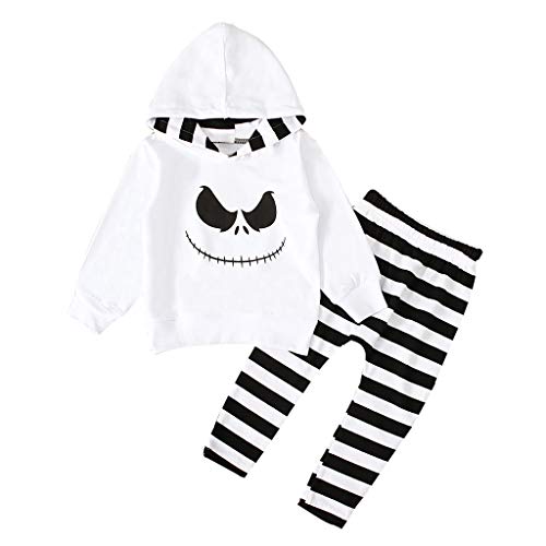 Disfraz Halloween Niño Bebe 1-4 años Ghost Smile Sudaderas con Capucha y Manga Larga + Pantalones a Rayas (3 años, Blanco)