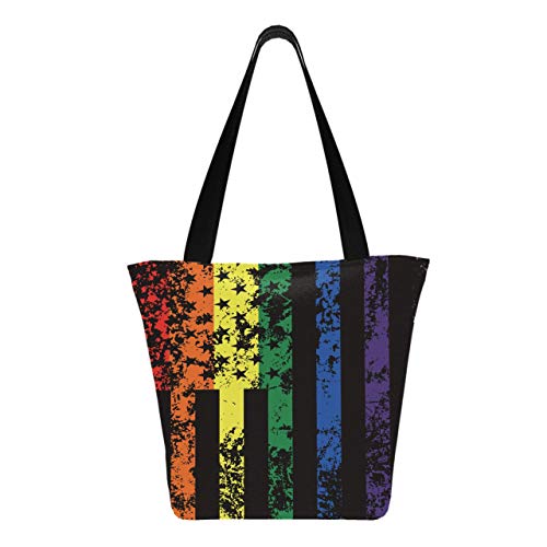 Divertido arco iris bandera americana Orgullo gay 11 × 7 × 13 pulgadas Bolsos de mano de poliéster resistentes lavables a máquina para mujeres Bolsos de lona reutilizables plegables par