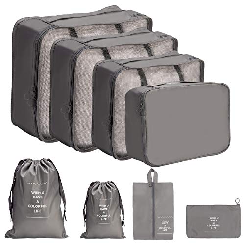 DoGeek Organizador de Equipaje 8 en 1 Set Viaje con Bolsa de Zapato,Impermeable Organizador de Maleta Bolsa para Ropa Sucia de Viaje, Material Nylon (Gris)