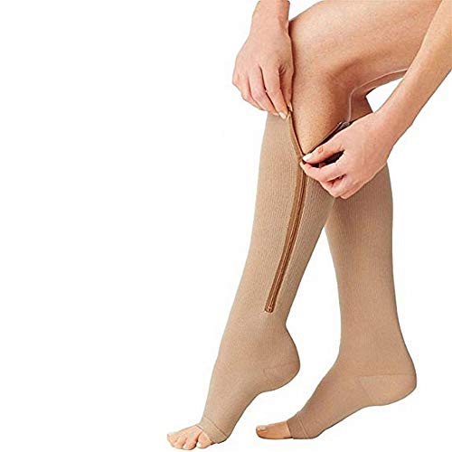 Dr.CURVY 3 Pares Medias Compresion Enfermera con Cremallera, 15-20 mmHg Calcetines De Compresión con Puntera Abierta para Los Pies Hinchados Y Las Piernas Las Venas Varicosas O TVPBeige-XL