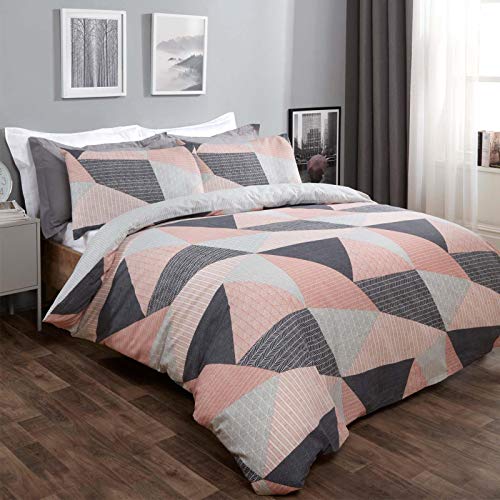 Dreamscene Juego de Cama con Funda de edredón y Fundas de Almohada, diseño geométrico, Color Gris y Rosa Rubor – King