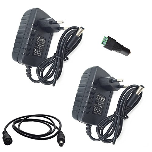 DZYDZR 2pcs 80-240V AC a DC Adaptador Alimentacion DC 12V 2A 24W 5,5 x 2,1/2,5mm Montaje en Pared de Energía Transformador para Tira de LED + Cable de Extensión 100cm + DC Conector Hembra