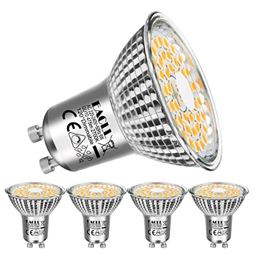 EACLL Bombillas LED GU10 Regulable 2700K Blanco Cálido 6W Fuente de Luz 475 Lúmenes equivalente 50W Halógena. AC 230V Sin Parpadeo Focos, 120° Atenuación Continua PAR16 Reflectoras Lámparas, 4 Pack