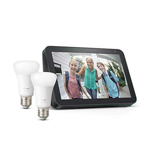 Echo Show 8, Tela de color antracita + Philips Hue White Pack de 2 bombillas LED inteligentes, compatible con Bluetooth y Zigbee, no se requiere controlador