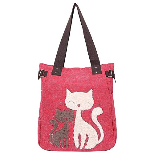 EGOGO Bolso Bandolera, Bolsos de Mujer Bolso de Hombro Bolsos Totes con Lona Linda del Gato E523-2 (Rojo)