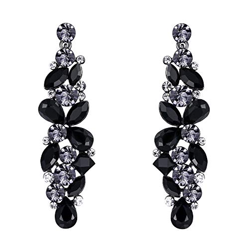 EVER FAITH® Lágrima de gota de flores Cluster Dangle Pendientes Jet Color Austria Cristais Negro-Tono N02056-5