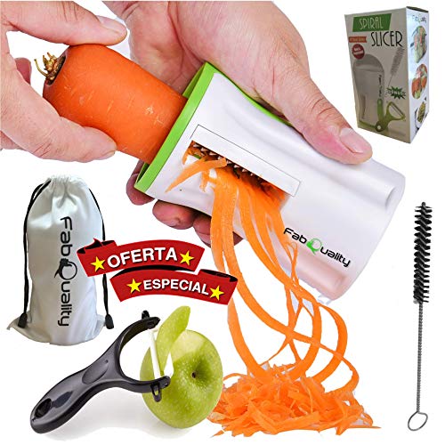 FabQuality Vendedor Premium Spiralizer Vegetal Veggetti Espiral Slicer COMPLETO BUNDLE x4 - Spiraliser Libro, Cortador de Vegetales, Libro espiral, Cepillo, Peeler, Verde