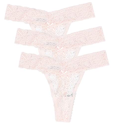 FEOYA 3pcs Bragas Tangas de Mujeres Calzoncillo Thongs de Encaje Sexy Semi Transparente para Noche - Color Carne/L