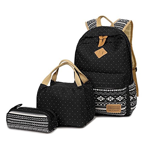 FEWOFJ Mochila Escolar Chicas Lona Vintage Backpack Canvas Casual + Bolsa del Almuerzo + Monedero Grande 3pcs (Negro)