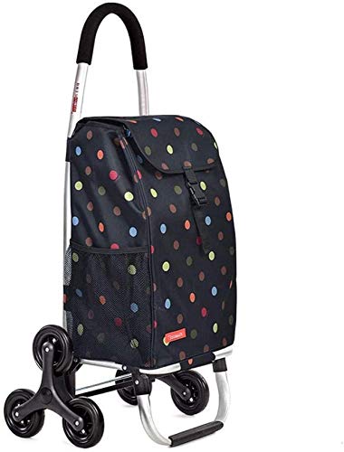 FGDSA Black Polka Dot Trolley Stair Climber with 6 Wheel Aluminum Shopping Grocery Foldable Cart Thick Canvas Bag 84mm Diameter Rod Lightweight Utility Rolling Bag Cart M