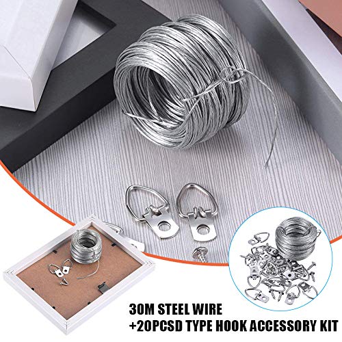 FinWell Picture Hanging Kit 20pcs D-Ring Picture Hangers with 20pcs Screws 30.5M Picture Hanging Wire Supports up to 30 lbs