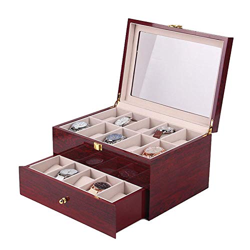 FIONAT Caja para Relojes Cajas para Joyas Hombre Mujer Regalo Viajevino Tinto 2 Capas De Pintura De Madera 20 Caja De Presentación De Almacenamiento