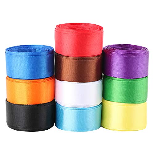 FLOFIA 50 Yardas 25mm Cinta de Tela Seda Raso Colores para Manualidades Decoración Costura Embalaje Regalo Cajas Flores Navidad Boda Fiesta, 10 Rollos * 5m