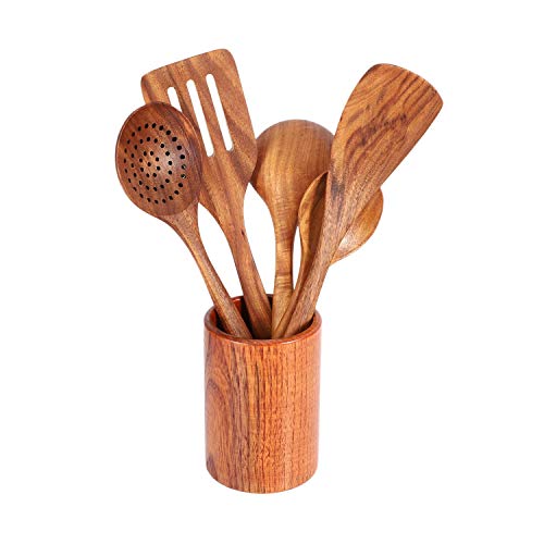 Gaoominy Set de Utensilios Cocina Utensilios Madera y Almacenamiento Barril Madera - EspáTula y Cucharas Madera Dura Antiadherentes Naturales - Cuchara Duradera y EcolóGica (Juego de 6)