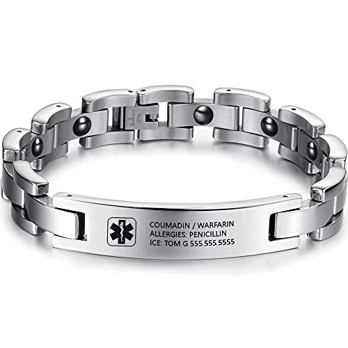 Gaosh Pulsera de identificación grabada personalizada unisex Pulsera elástica Brazalete de acero inoxidable con emblema médico grabado de 12 mm de plata para hombres y mujeres