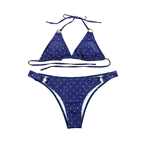 GAOXIAOMEI Traje de baño Monokini Sexy para Mujer Trajes de baño Correas Espaguetis Estampado de Lunares Conjuntos de Bikini Playa Mujeres Recorte Halter Triángulo Conjunto Dos Piezas,Azul,S