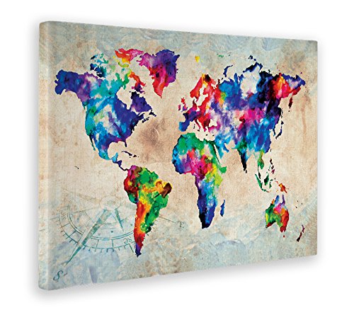 Giallobus - Cuadro - Impresion EN Lienzo - World Map Color - Mapa DE Colores - 70 x 100 CM
