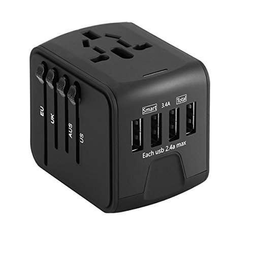 GOWOLD Adaptador de Cargador Universal de Viaje 4 Adaptador de Parte USB Enchufe Eléctrico de Todo el Mundo US UK EU AU Enchufe de Viaje Internacional-Negro