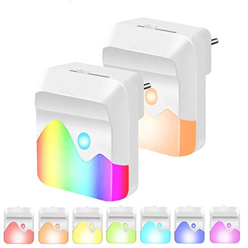 HebyTinco Luz Nocturna Infantil Enchufe, 2 Piezas Lámpara Noche Enchufe con Sensor de Automático, 3 Modos Brillo Ajustable, 7 Colores RGB para Habitación Bebé, Dormitorio, Sala, Pasillos, Baño, Cocina