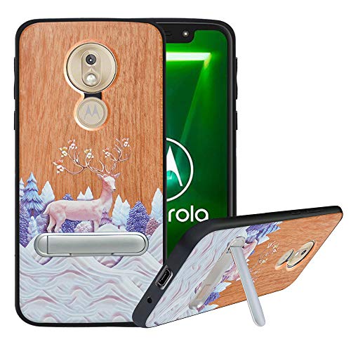 HHDY Funda de Madera para Motorola Moto G7 Power,Funda Moto G7 Supra Carcasa Kickstand con Soporte de Metal,Case Cover Madera Real+TPU Bumper Caso Funda para Moto G7 Optimo Maxx,Deer