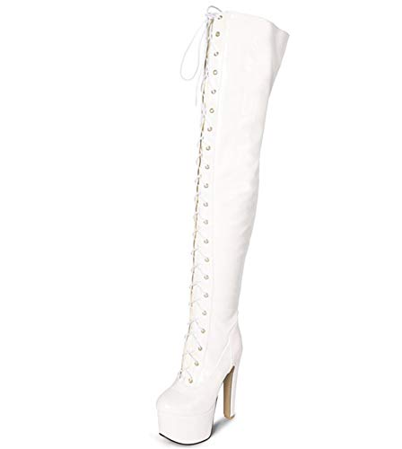 Hibgyc Botas Gruesas sobre La Rodilla De Estilete para Mujer, Tacón Alto Más Botas De Moda De Terciopelo Deslizamiento De Moda De Personalidad, Tamaño 34-39,Blanco,38