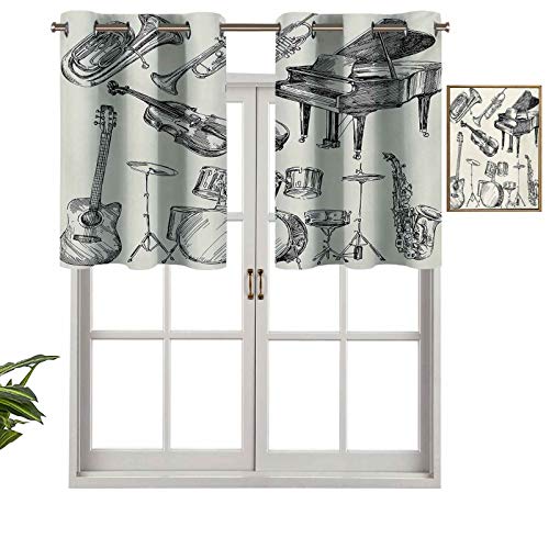 Hiiiman Cortinas cortas opacas con ojales colección de instrumentos musicales, arte de boceto con guitarra de piano trompeta, juego de 1, cenefas pequeñas de media ventana de 137 x 45 cm para cocina