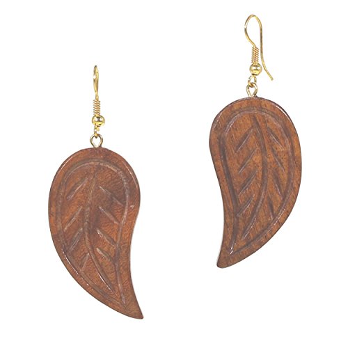 Idin Jewellery - Hojas hechas de madera de Sheesham con los pendientes de gota de los grabados