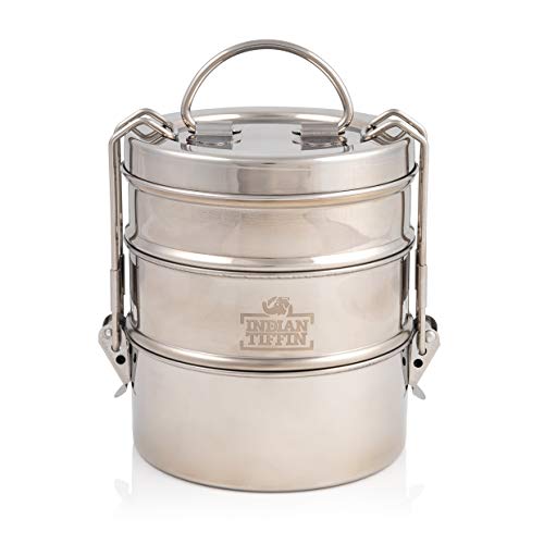 Indian-Tiffin 3t7b3 - Fiambrera de 3 Compartimentos, Acero Inoxidable, Color Plateado