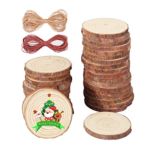 Ipow [35PCS] Rodajas de madera círculos 5-6cm grande con agujero, Discos madera llavero con cuerda de yute de 10 m + 10 m papel roja para Navidad Fiestas Bricolaje Tarjeta de lugar de boda