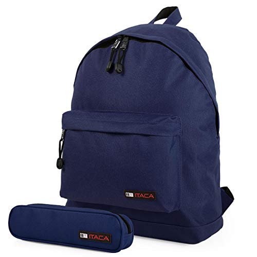 ITACA - Mochila Casual Juvenil Hombre Multifuncional + Estuche Portatodo de Poliéster. Cómoda Resistente Ligera y Acolchada par Uso Diario, Universidad. 25332, Color Marino