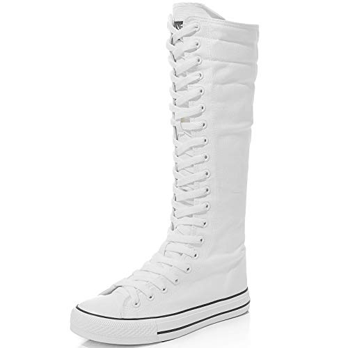 Jamron Mujer Moda Lona Botas de Baile Rodilla Alta Botas de Ciclismo Chicas Lujosa Zapatos Escolares Blanco 905 EU36