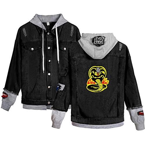 JDSWAN Unisex Cobra Kai Chaqueta de Mezclilla con Capucha Serie de TV Cobra Kai Imprime Chaqueta de Mezclilla de Manga Larga con Botón