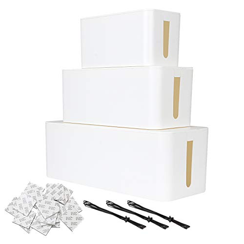 Juego de 3 cajas de tapa para cables, organizador de cables, cubierta de cables de plástico para guardar cables eléctricos, regleta bien organizada, color blanco