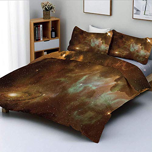 Juego de Funda nórdica, Dusty Nebula Spiral Galaxy in Billions of Stars Infinity Juego de Cama Decorativo de 3 Piezas con 2 Fundas de Almohada, café Claro, Verde Menta, Blanco